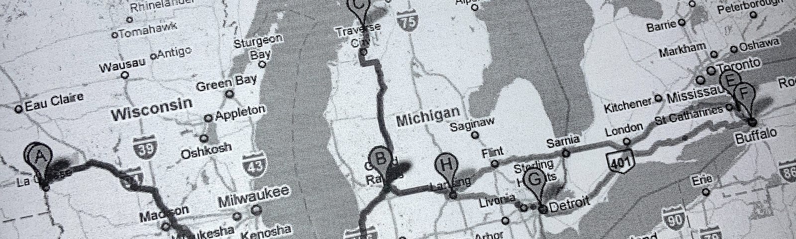 A photo of the author’s map from a road trip that led from La Crosse, Wisconsin, through Chicago up to Traverse City, Michigan, out to Buffalo, New York and back home.