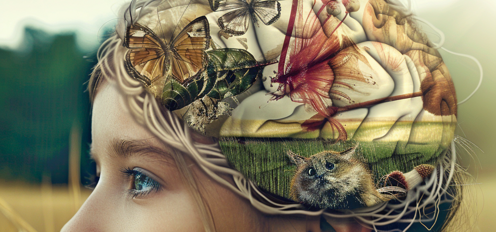 The image shows a side profile of a young girl, her head revealing a transparent segment where a landscape of nature and imagination blooms. Within this open cranium, there’s an intricate tapestry of life: flowers, butterflies, a curious rabbit, all thriving amidst a vivid pastoral scene. This blend of innocence and wonder, reality and fantasy, seems to illustrate the rich inner world of thoughts and dreams. It suggests the untamed and beautiful potential of the mind, where grit, passion, and im