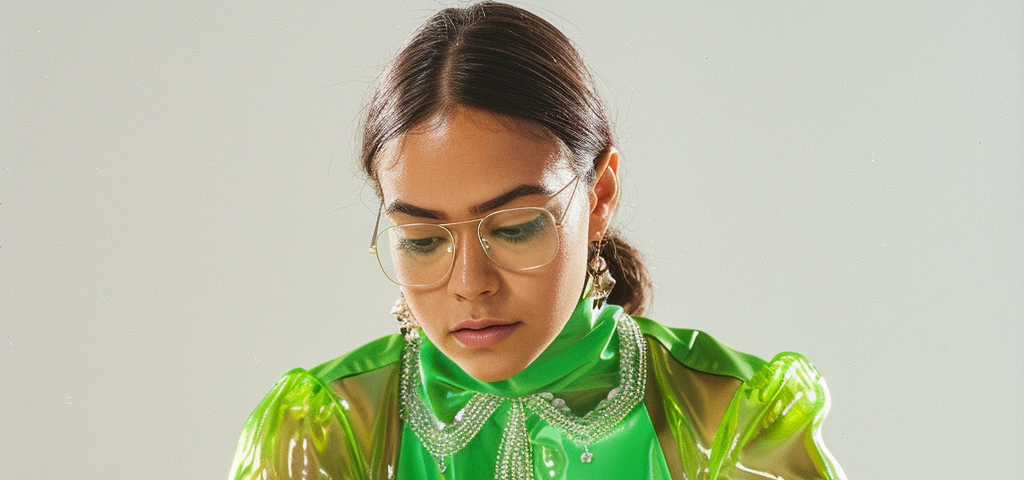 Woman in a bright green outfit staring into a crystal ball.