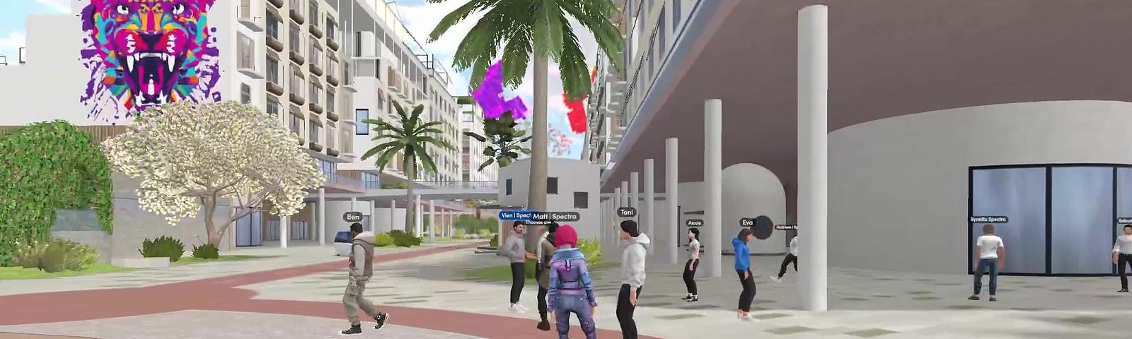 Several human avatars gather at the intersection of two streets in a virtual reality scene.