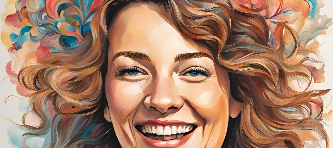 Colored drawing of woman with smile and brown curly hair that morphs into beautiful swirls of colors.