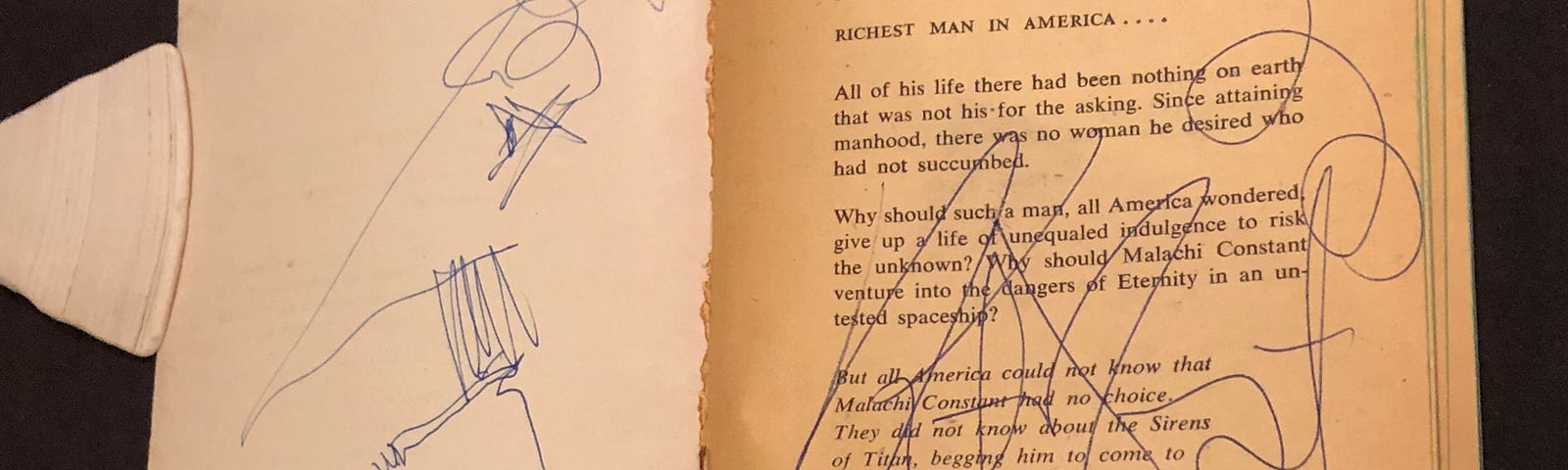 A self-portrait drawn by Kurt Vonnegut on the inside cover of one of his first edition paperbacks (The Sirens of Titans).