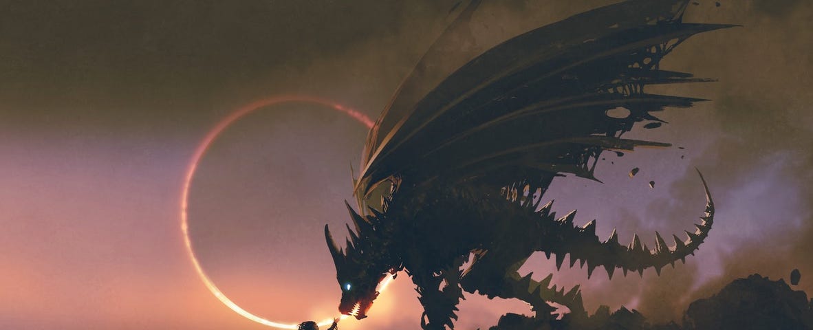 Image: A figure holding a staff and reaching out toward a spike-covered dragon against an eclipsed sun.