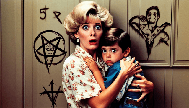 A scared mother and child in 1980s clothing. Pagan symbols are on the wall behind them.