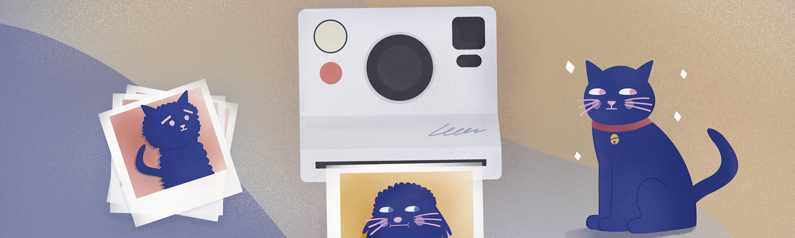 An illustrated graphic showing a Polaroid camera printing an incorrect photograph of dog with whiskers, with a cat as the photo subject in the foreground, and a pile of printed Polaroid pictures to the side.