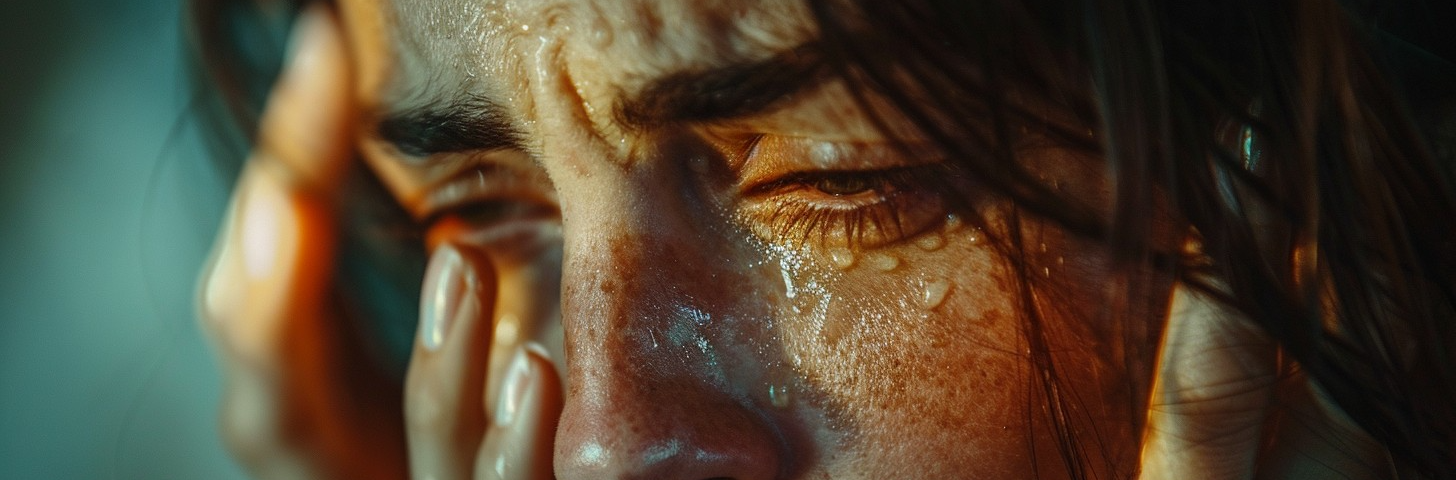 This powerful image captures the raw emotion of a woman in a moment of vulnerability. The close-up shot lays bare the tears on her face, highlighting the glistening trails as they flow down her cheeks. There is a profound sense of despair captured in the furrow of her brows and the slight frown of her lips, as she clutches her head in a silent plea for solace. The lighting accentuates her features, emphasizing the intensity of the moment and inviting the viewer to pause and empathize.