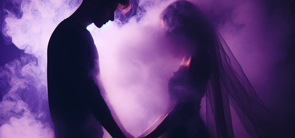 silhouette of lovers (male and female) in a purple haze or smoke.