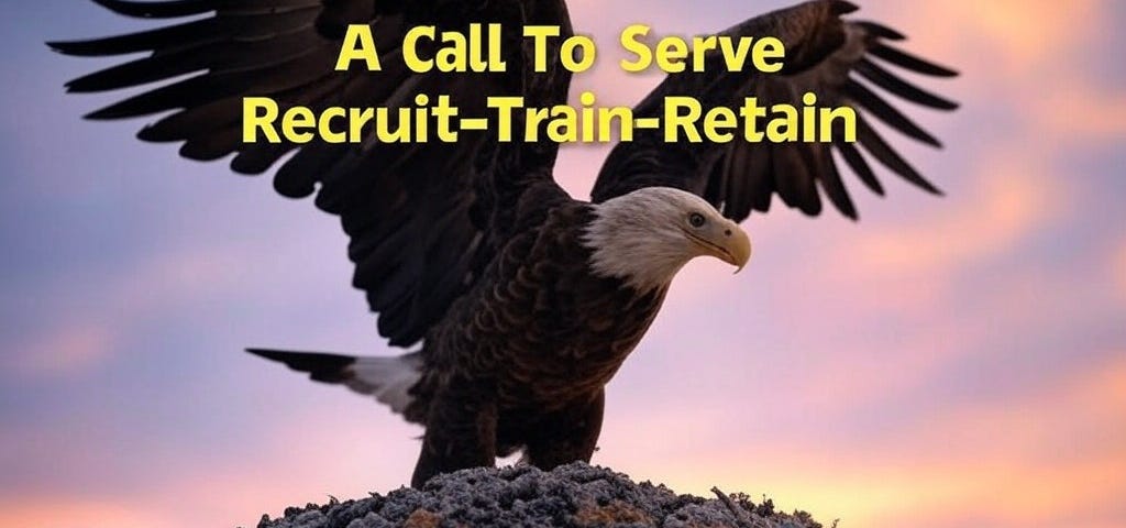 pic shows a bald eagle with the text: “A Call To Serve: Recruit-TrainRetain”