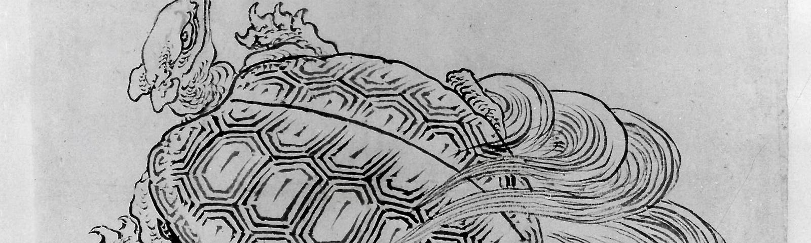 Drawing of a turtle with a tail by an Edo-era master of woodblock prints, Hokusai.
