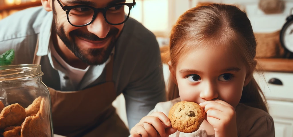 Little Emma stealing a warm cookie from the counter, caught by Dad.