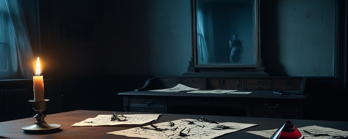 A dimly lit vintage study room with an ornate pen lying beside scattered papers with unsettling writings. A dark red liquid-filled paperweight rests ominously on the desk. A flickering candle casts haunting shadows, while a tarnished mirror faintly reflects the eerie scene, creating a tense and foreboding atmosphere.