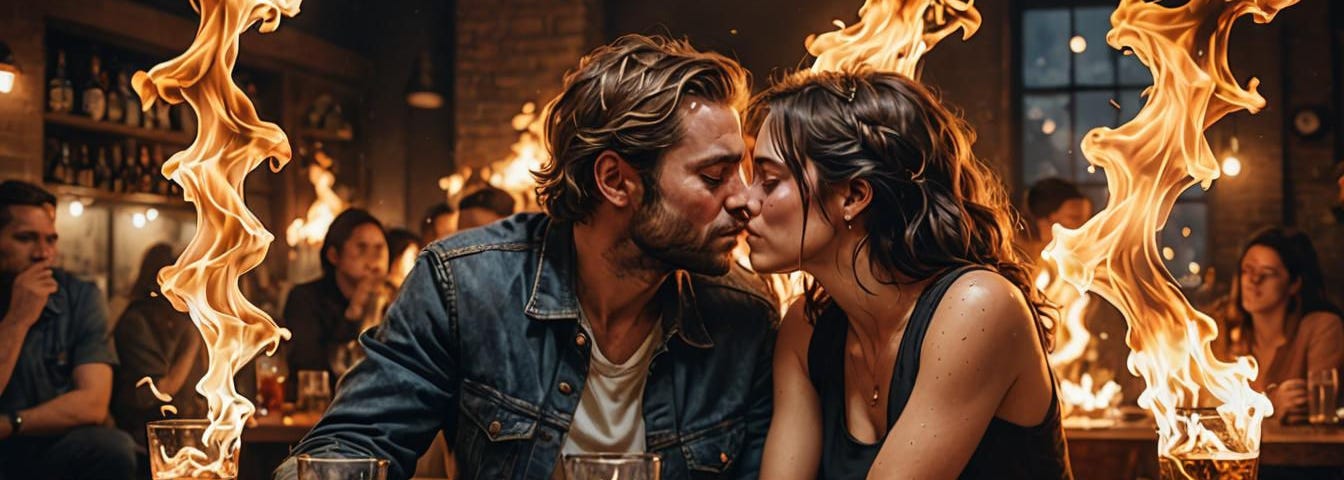 A man and a woman sit on a bar, about to kiss. They each hold a drink, while fires come out from two other drinks beside them and other sources behind them. The bar has other people too, but their faces are vague. The man and the woman have closed eyes, and the man has a beard.