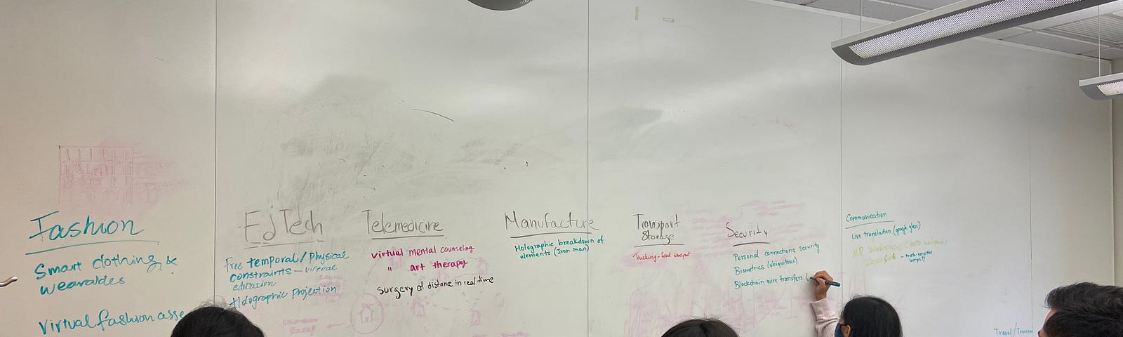 people in an office room writing on a whiteboard wall