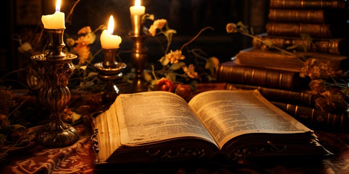 An ancient book laying on a desk amidst dried flowers and other stacks of books. Candles glow on the desk with them.