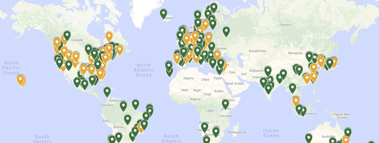 A map of the world with markers on every inhabited continent showing a SIGCHI conf’s location since 1983.