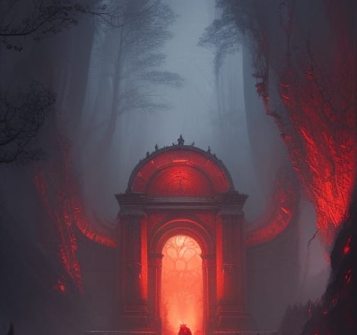 A high arched stone portal emitting red light. To the left and right rise high rocks. Behind the portal are dead trees hidden in a dark mist.