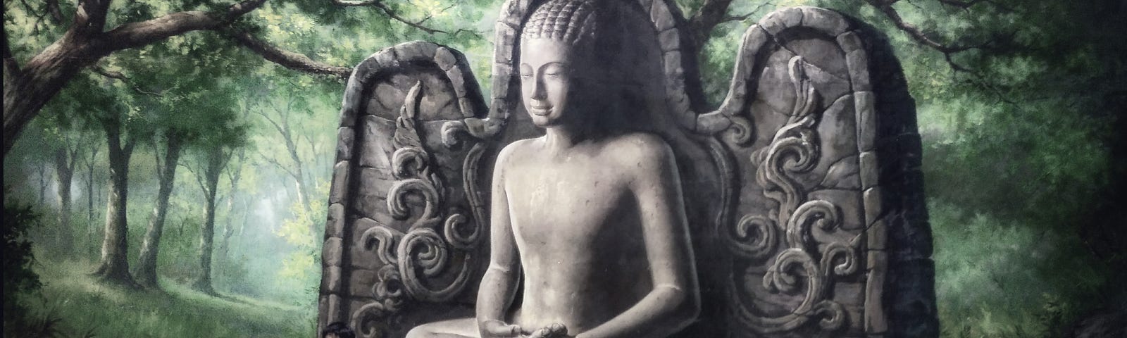 Hussain M Elius meditating in front of Buddha mural at Art in Paradise in Pattaya, Thailand