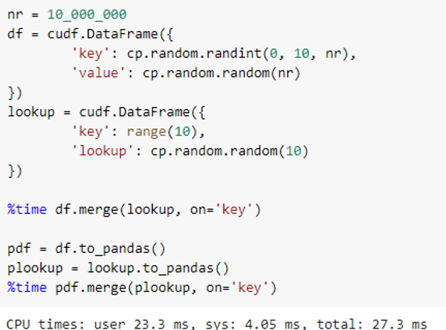 Python code comparing the “merge” API between pandas and cuDF