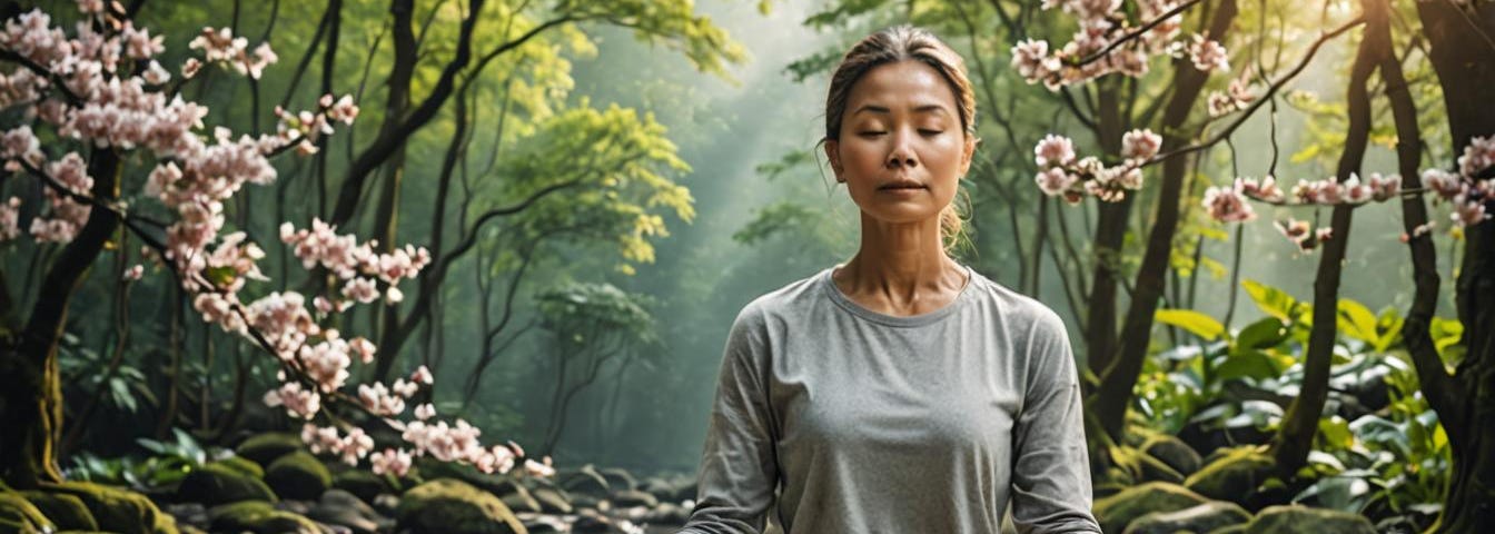 Oriental woman meditating in woodland