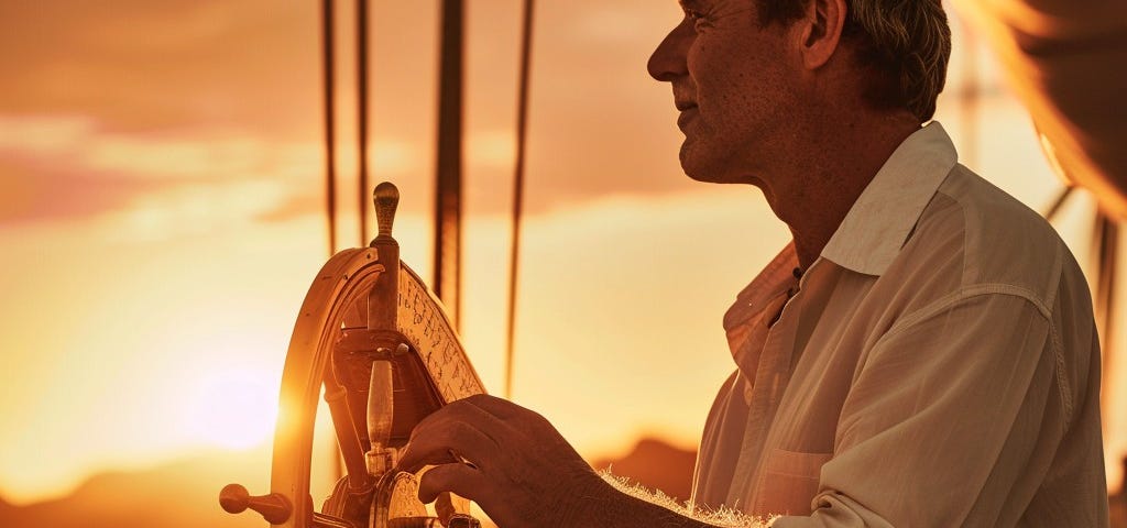 A man sailing in the sunset.