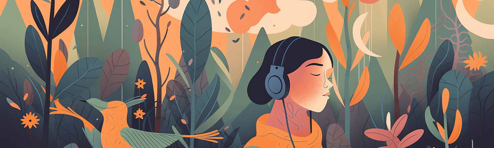 illustration of a teenaged girl surrounded in nature listening to headphones