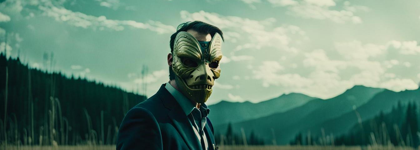 Man wearing mask, background woods and hills