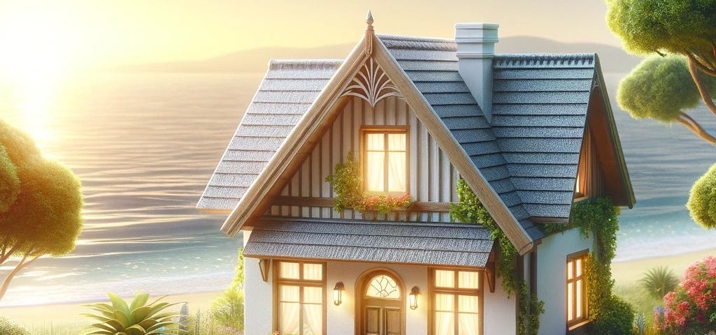 A quaint cottage by the sea surrounded by lush greenery, symbolizing a peaceful and loving home.