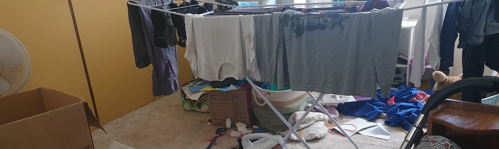 A photo showing a very messy room. Stuff all over the floor. A clothes horse with clothing draped on it fo rdrying. So much chaos! Photo by Ann Leach.