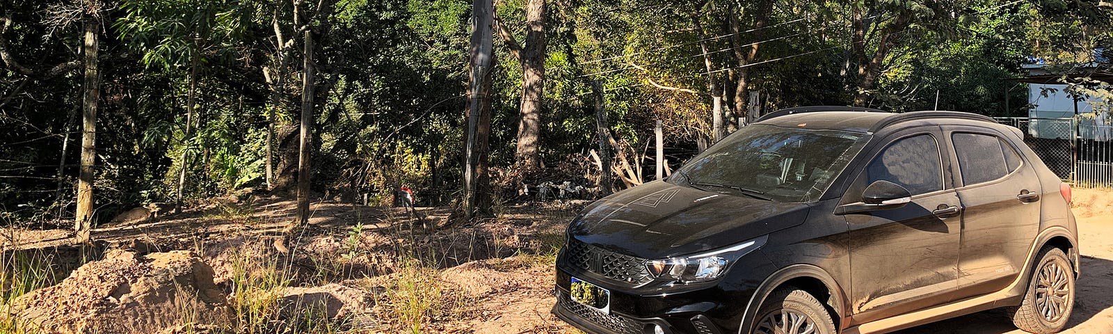 Fiat Argo Trekking em uma estrada de terra com árvores ao fundo.