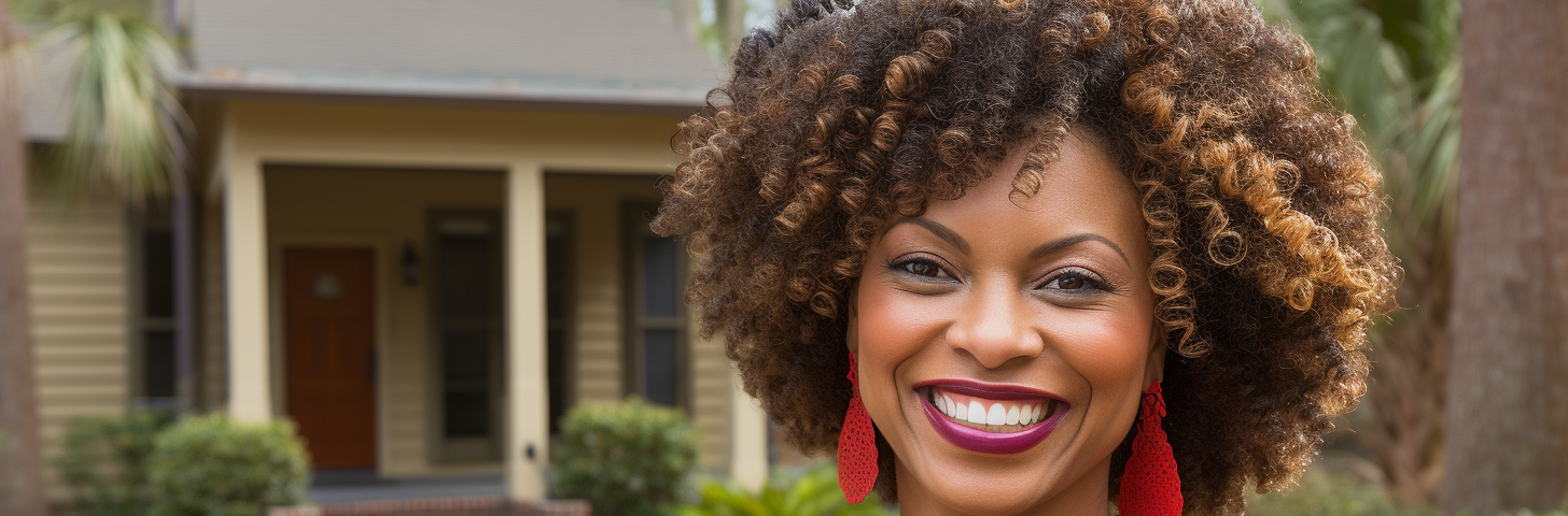 AI generated image of a very dark-skinned black woman, tentatively smiling during a late afternoon neighborhood walk.