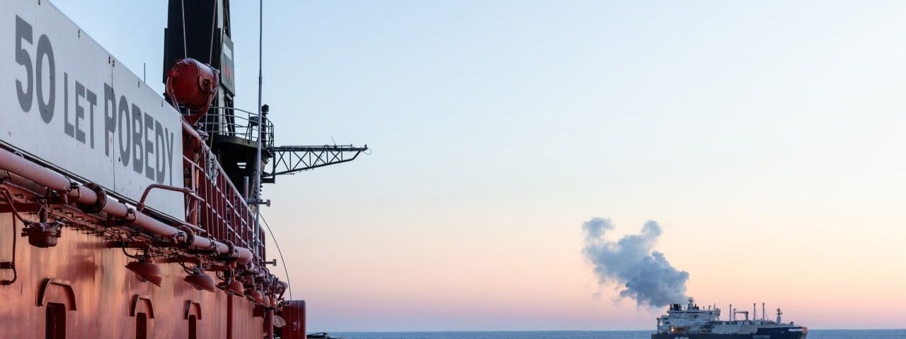 Russian nuclear icebreaker 50 Let Pobedy escorts the LNG tanker Christophe de Margerie in the North Sea Region, March 2, 2021. Photo by Rosatom/Pool/Latin America News Agency via Reuters