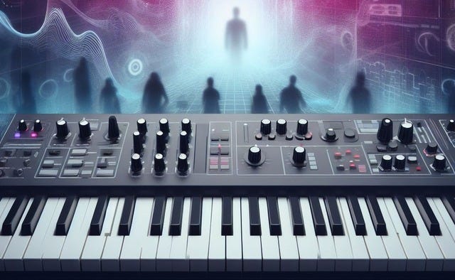 Close up of a synthesizer with small shadowy figures standing behind it.