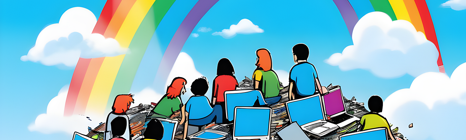 A bunch of teenagers sitting on a pile of defunct laptops and watching with wonder a beautiful rainbow in the sky.