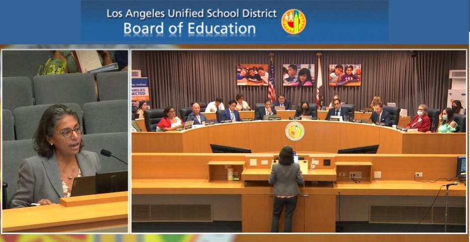 Screenshot of public broadcast video of the Los Angeles Unified School District Board of Education meeting dated September 13, 2022 features the author at the speaker’s podium.