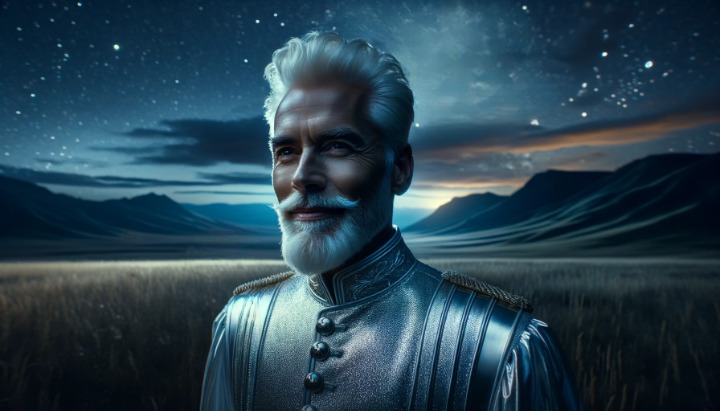 A guy with white hair and beard, starry sky in the background