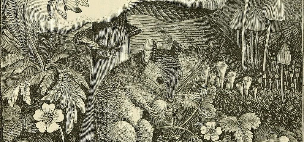 A mouse gnaws on an acorn.