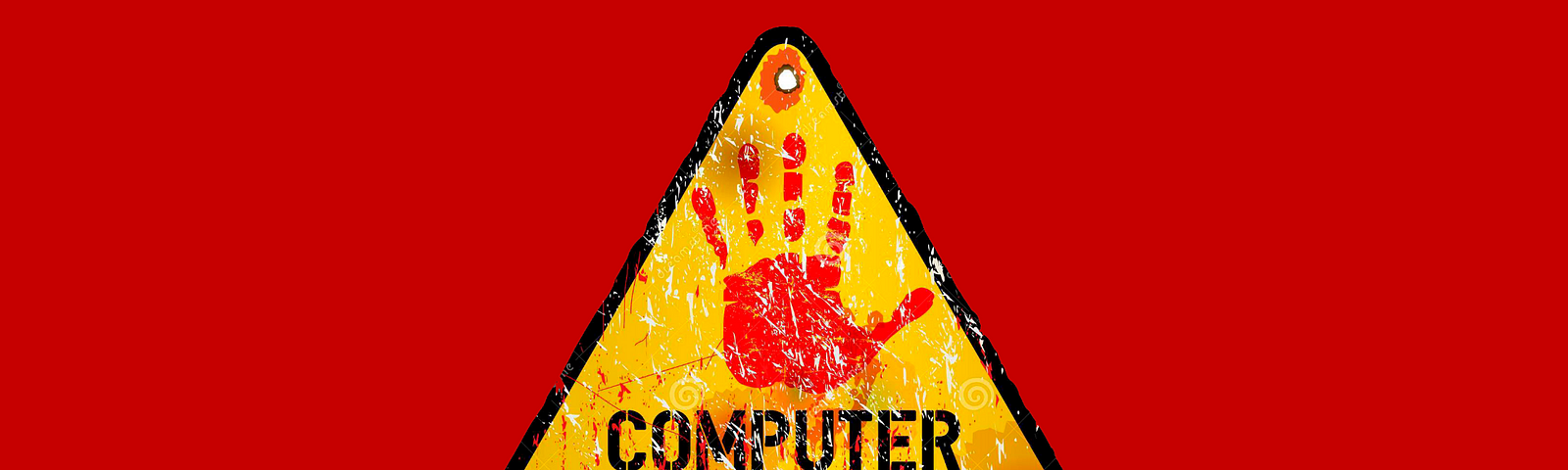 Warning board with red hand and Computer virus shown on it on a red background.