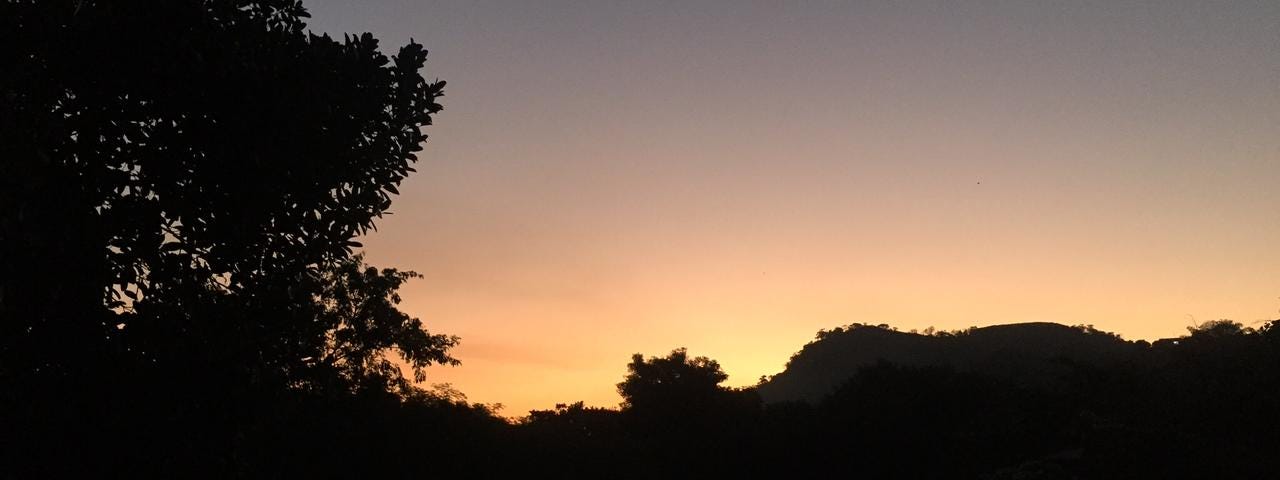 Fotografia de uma paisagem, árvores à frente, montanha ao fundo e um céu colorido após o pôr do sol, em tons de amarelo, laranja, roxo e azul