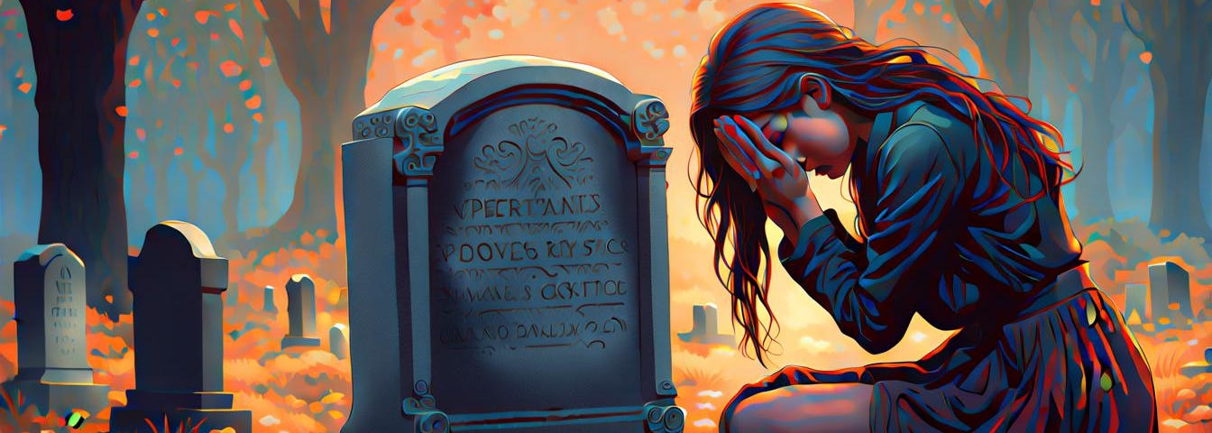 Girl in graveyard, weeping at gravestone