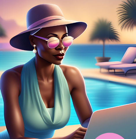 An attractive African-American middle-aged woman wearing a hat, and typing on her laptop by the pool.