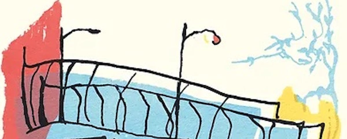Detail from the book cover of Safe Colors. Illustration looks like a bridge with streetlights.