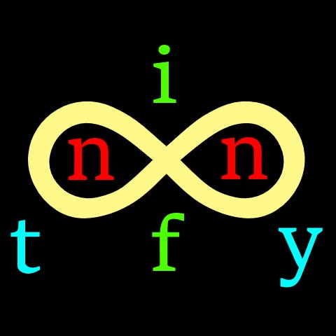A large yellowish gold infinity symbol, with red small n(s) in the center of each infinity loop. Centered above infinity symbol is a bright green small i and centered below the symbol is a bright small f. To either side of the f at the bottom at the far edge of the infinity symbol are two more small glowing, baby blue letters: a t to the left and a y to the right.