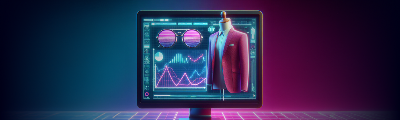 Unlock the power of 3D visualization in modern marketing with Designhubz. This image features a vibrant neon-lit computer monitor displaying a 3D modeled suit and a pair of glasses, set against a dynamic background with glowing financial graphs. It epitomizes the fusion of fashion, data analytics, and digital technology, highlighting the strategic role of 3D visuals in enhancing marketing campaigns. Visit Designhubz to read about leveraging 3D technology for compelling marketing narratives.