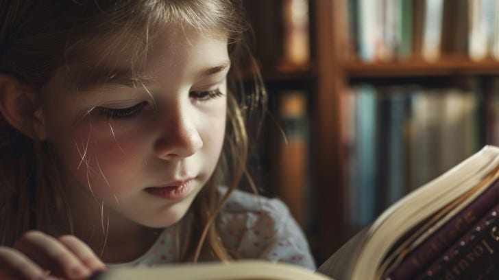 A young girl — maybe ten or twelve, reads intently against a back drop of library books.