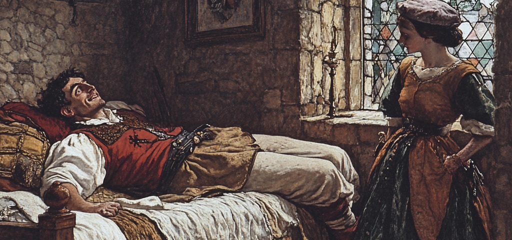 image of a handsome medieval man lying in bed and talking to a woman in his room