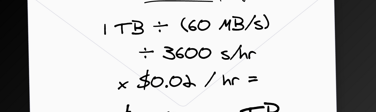 Back-of-the-envelope calculation for a simple workload bound primarily by network bandwidth. Calculation is 1 TB / (60 MB/s) / 3600 s/hr * $0.02 / hr = $0.10