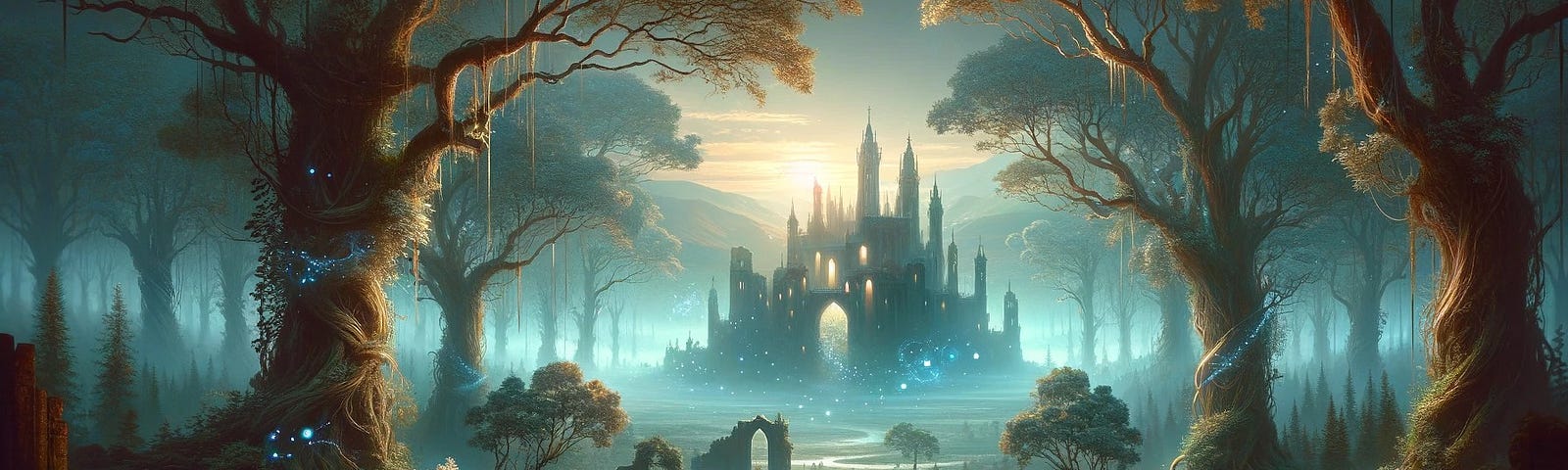 A landscape image of a mystical realm where magic is practiced in secret. The scene includes a hidden grove, ancient ruins, and a mysterious forest with subtle magical glimmers, conveying a secretive and enchanting atmosphere.