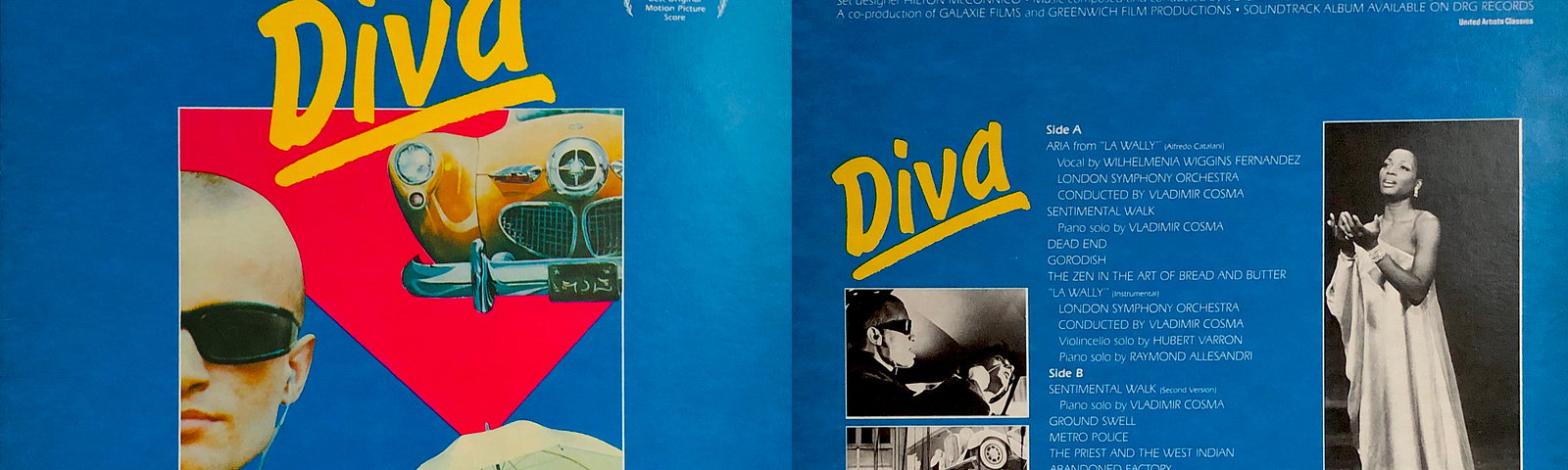 “Diva Original Soundtrack” LP cover, showing front and back. Front features movie stills; back include the track listing and more stills from the movie, including one of Wilhelmenia Wiggins Fernandez in her white gown from the theater scene.