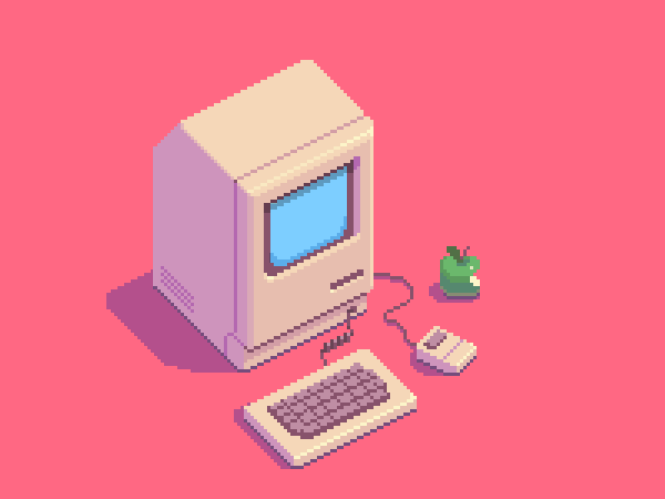 Illustration of a retro computer in a pink desk, with keyboard, mouse, and an eaten apple