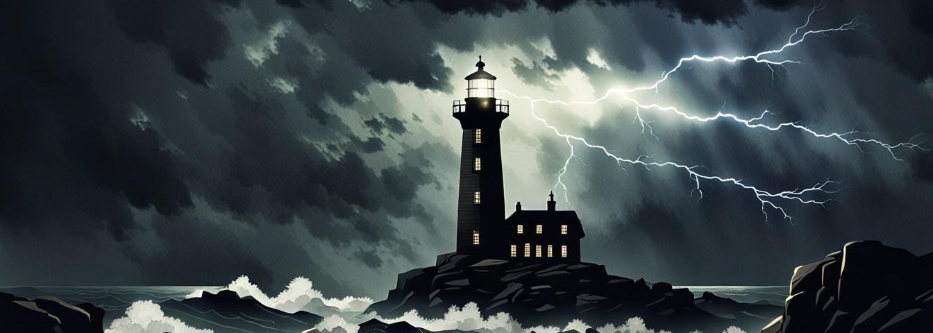 Lighthouse at night in lightning storm